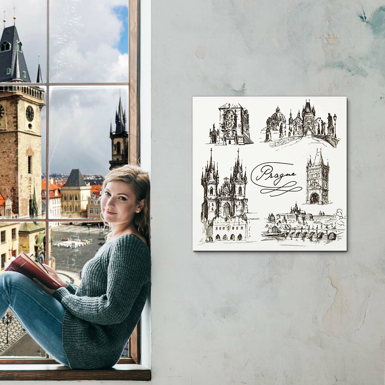  Černobílý obraz Prahy ze dřeva
