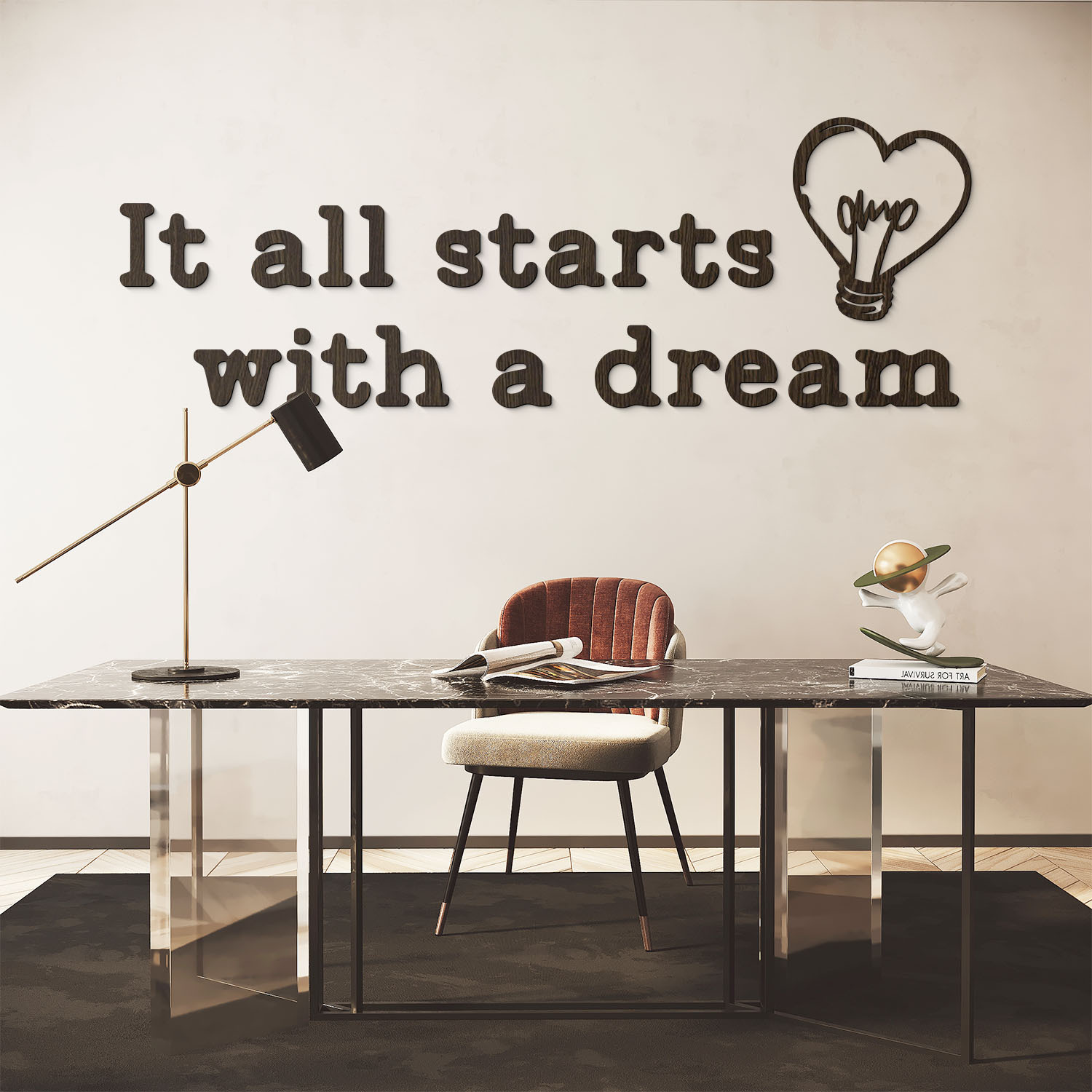 Motivační citát na zeď - It all starts with a dream