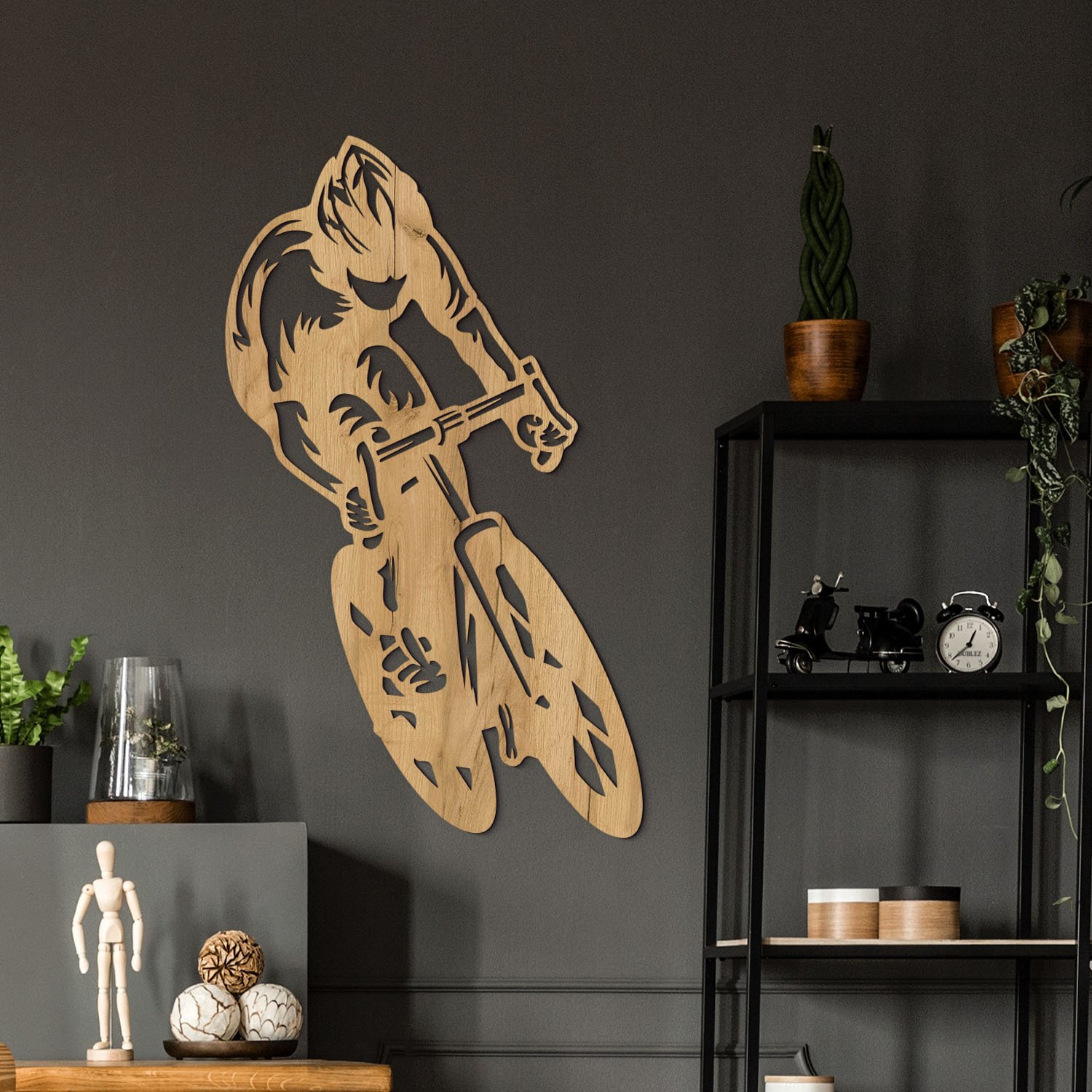 Dřevěná nástěnná dekorace - Cyklista a kolo