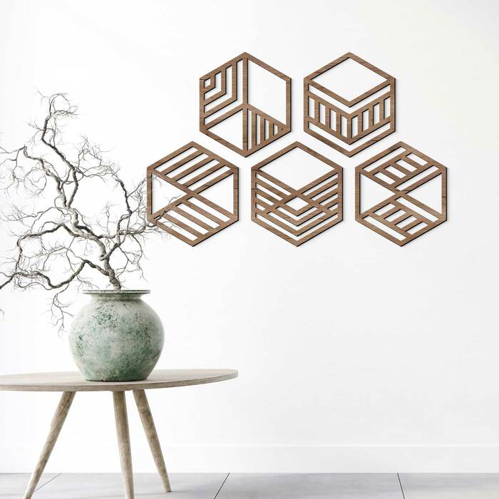 Moderní dekorace na zeď - Hexagony (5 ks) | Dub tabákový