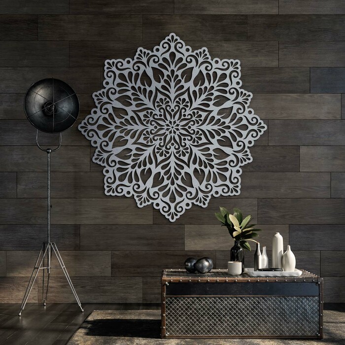 Dřevěný obraz na zeď - Mandala Štěstí | Stříbrná