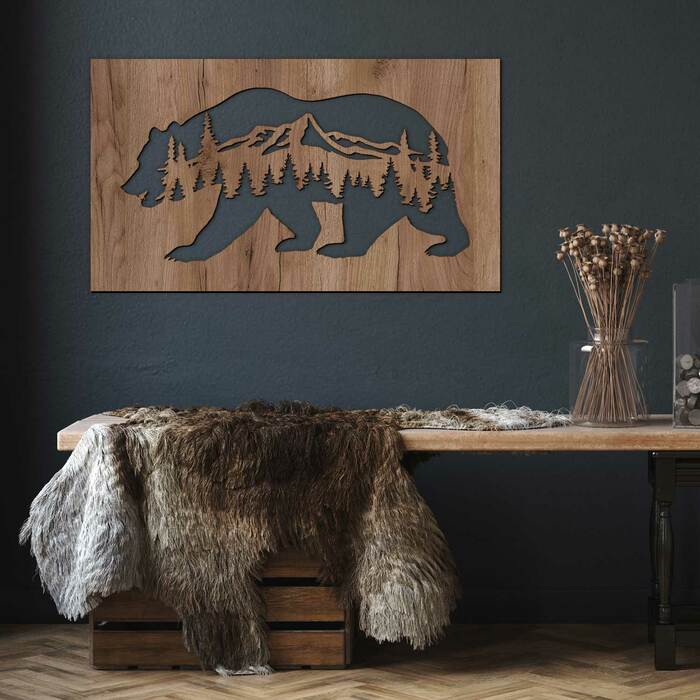 Dřevěný obraz na zeď - Medvěd a hory | Dub tabákový