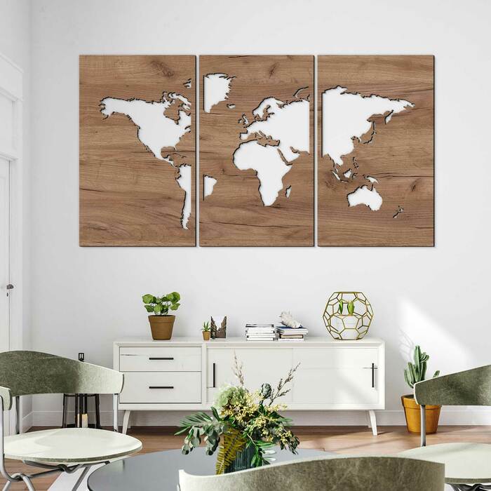 Dřevěná samolepka na zeď - Mapa světa | Dub tabákový