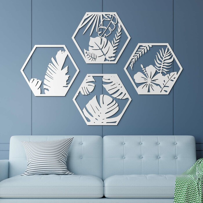 Květinové obrazy na zeď - Hexagony (4 ks) | Bílá