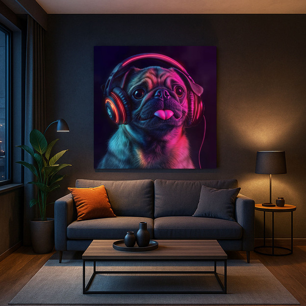 Neon Wall Art - Pug with Headphones