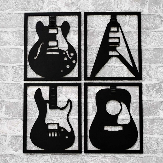 4-piece Wooden Wall Sticker - Guitars