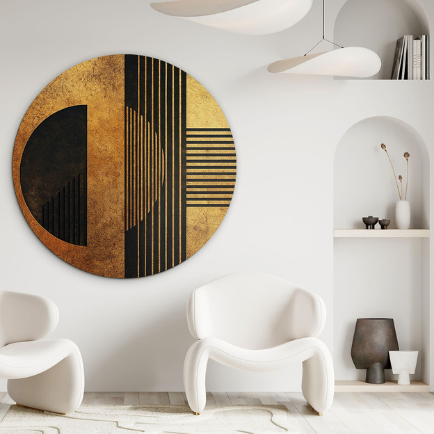 Wooden round picture - Golden geometry