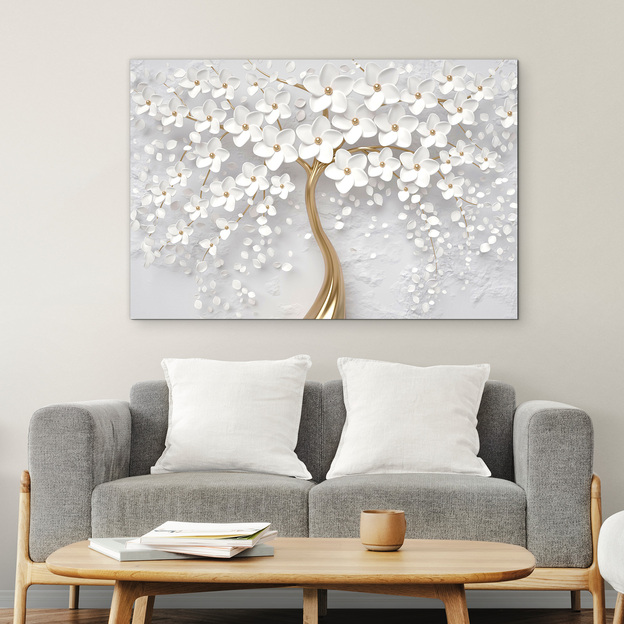 Wooden Wall Art - Golden Tree with White Flowers