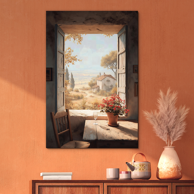 Vintage wooden picture - View from the window