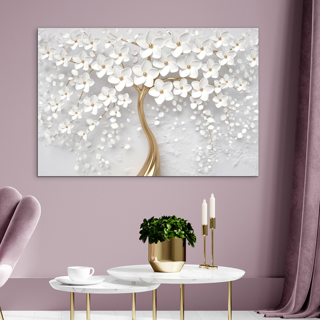 Wooden Wall Art - Golden Tree with White Flowers