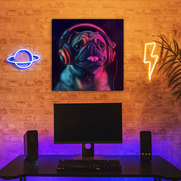 Neon Wall Art - Pug with Headphones