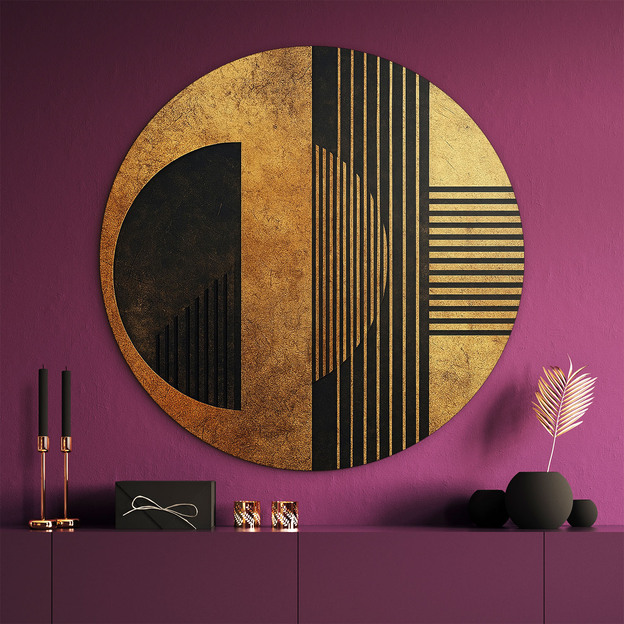 Wooden round picture - Golden geometry