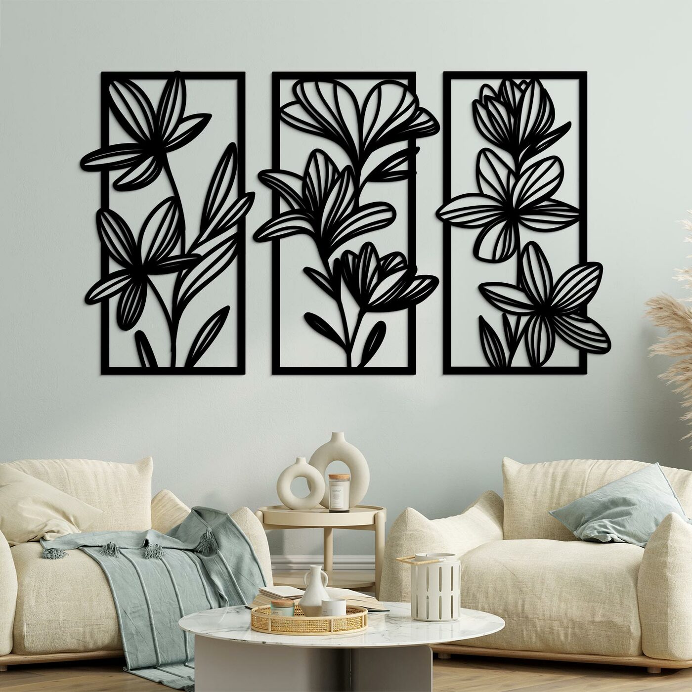 Wooden Multi-Part Wall Art - Blooming Flowers | Black