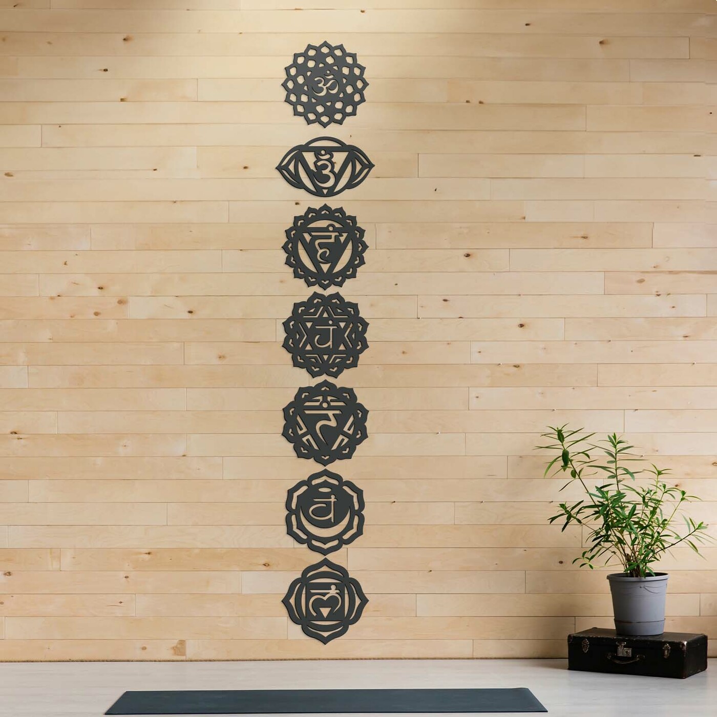 Wooden 3D Symbols on the Wall - Chakras | Anthracite Gray