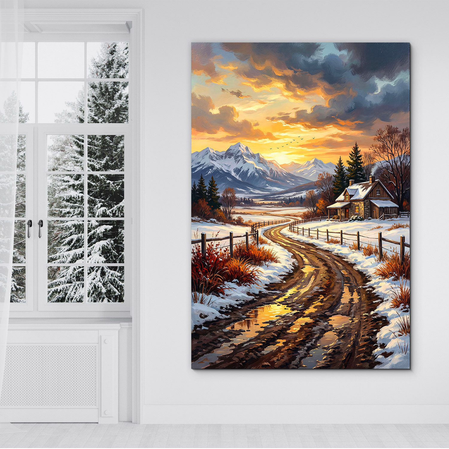 Drevený obraz - Horská chata v snehu