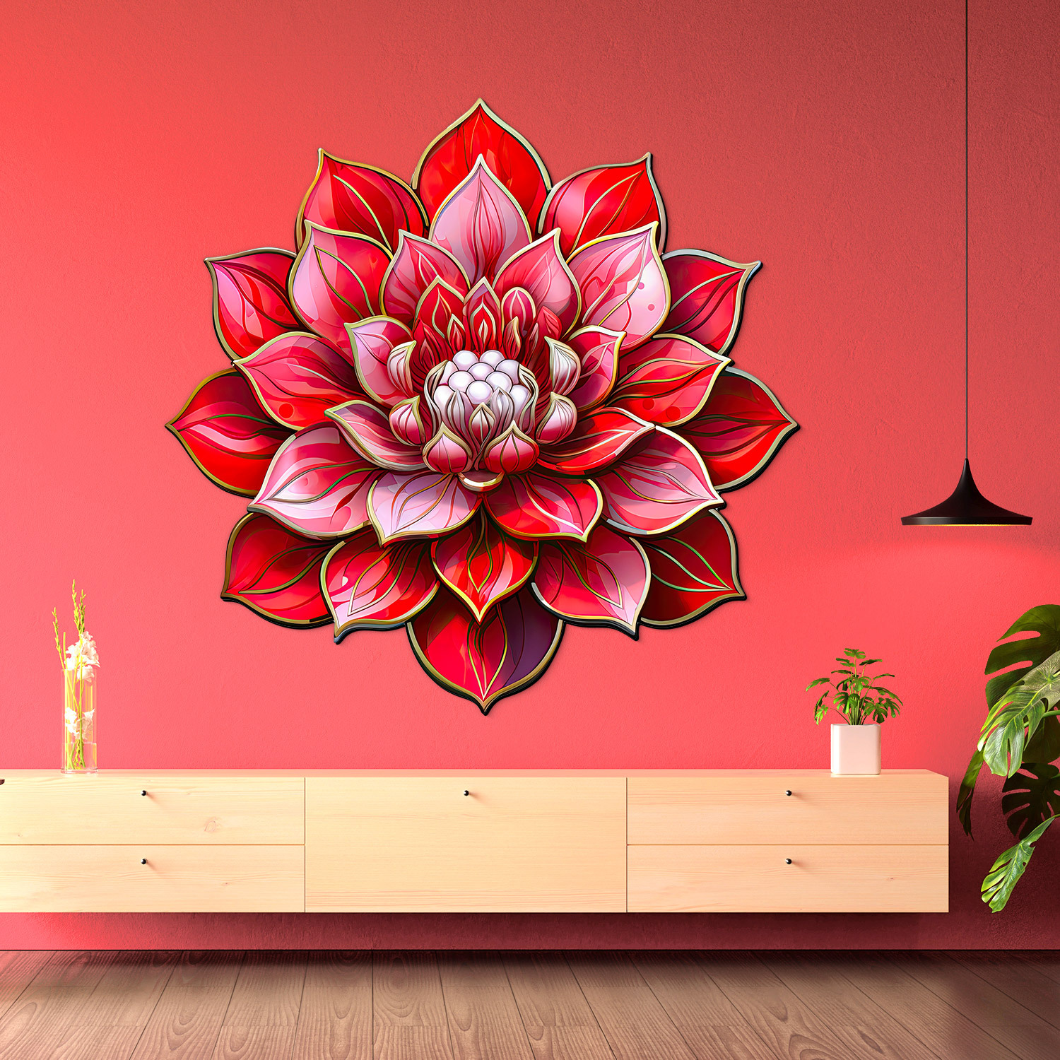 Decorațiune florală pe lemn - Lotus roșu