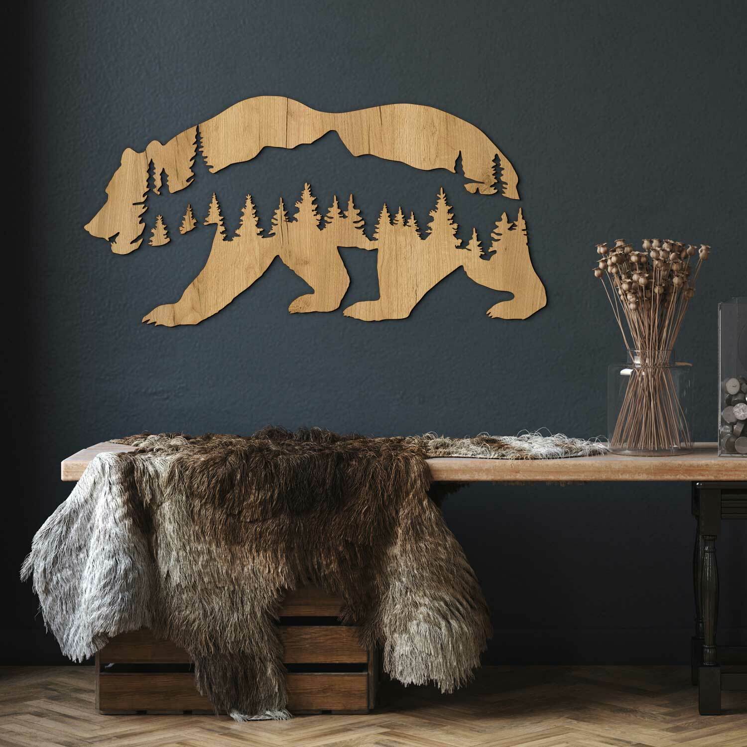 Drevená nálepka na stenu - Medveď v horách