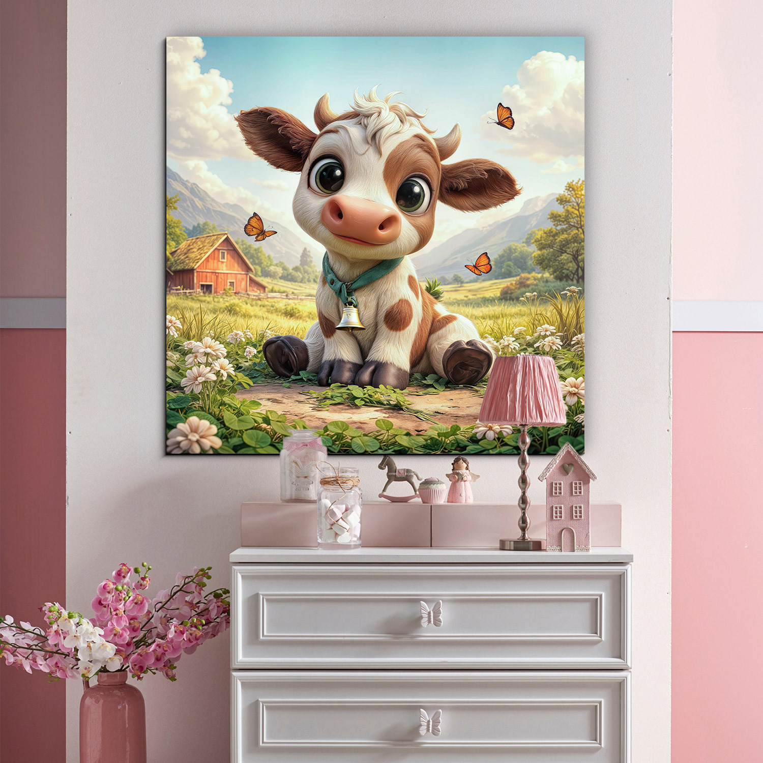 Drevený obraz pre deti - Kravička na farme