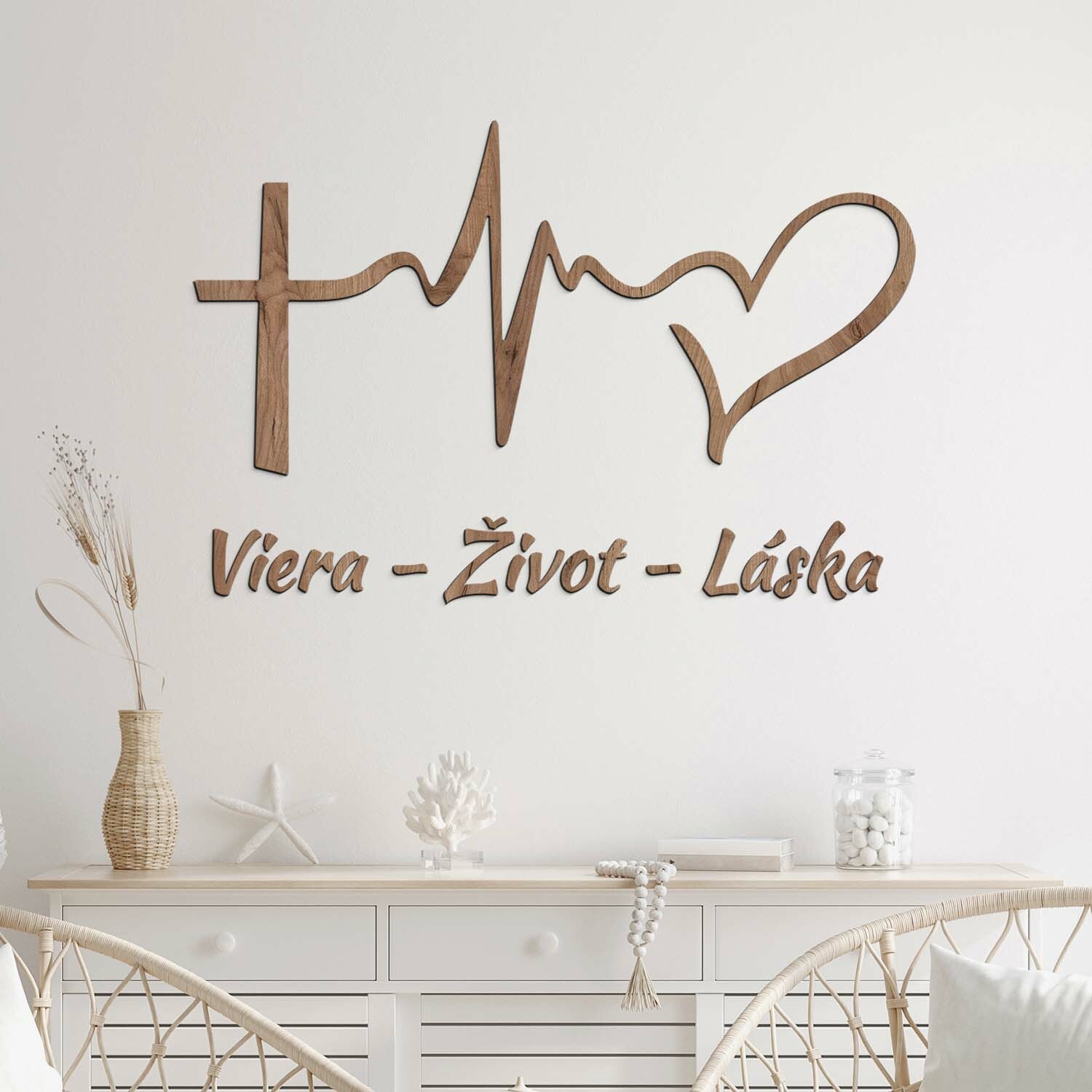 Drevená dekorácia na stenu - Viera, Život, Láska, Dub tabakový