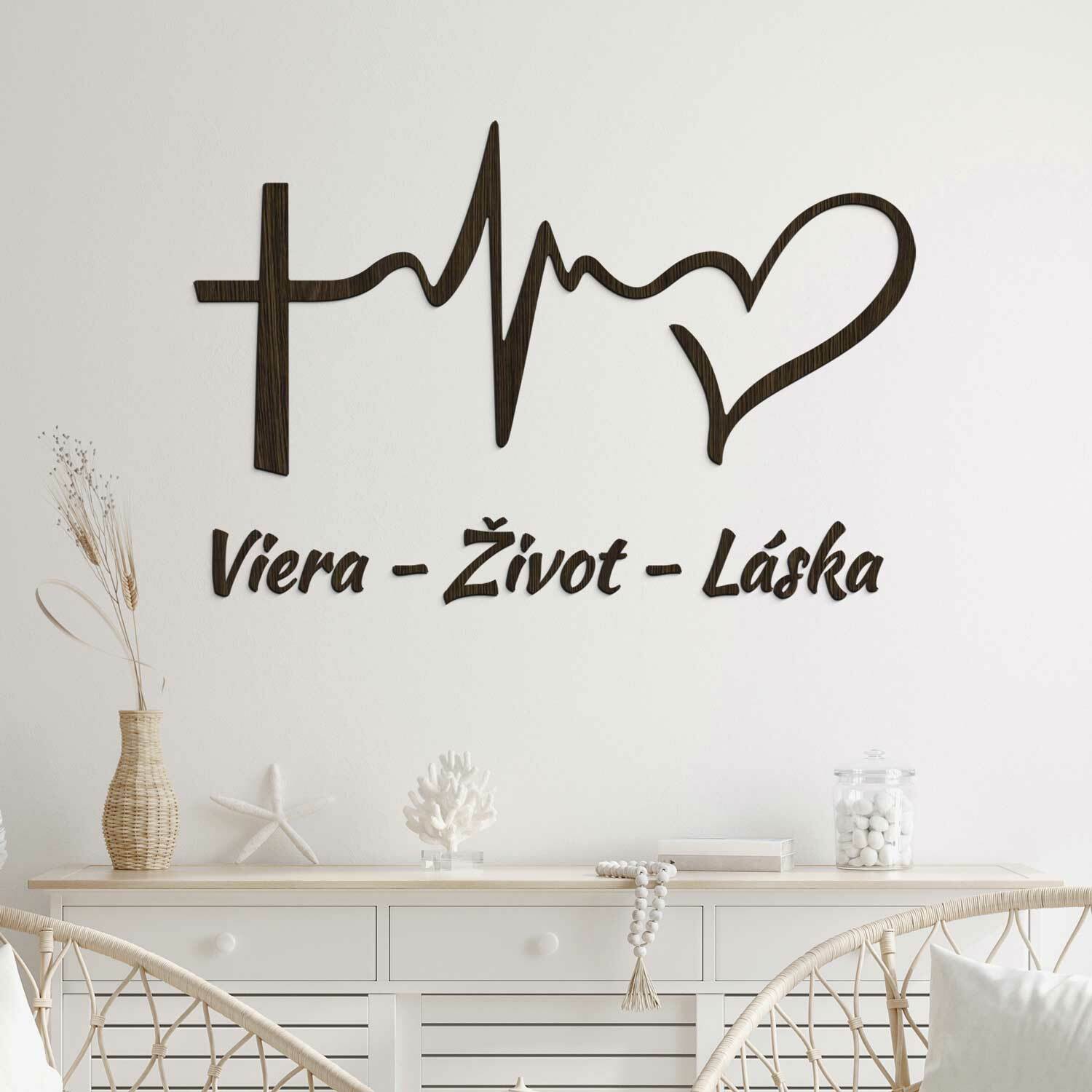 Drevená dekorácia na stenu - Viera, Život, Láska, Wenge