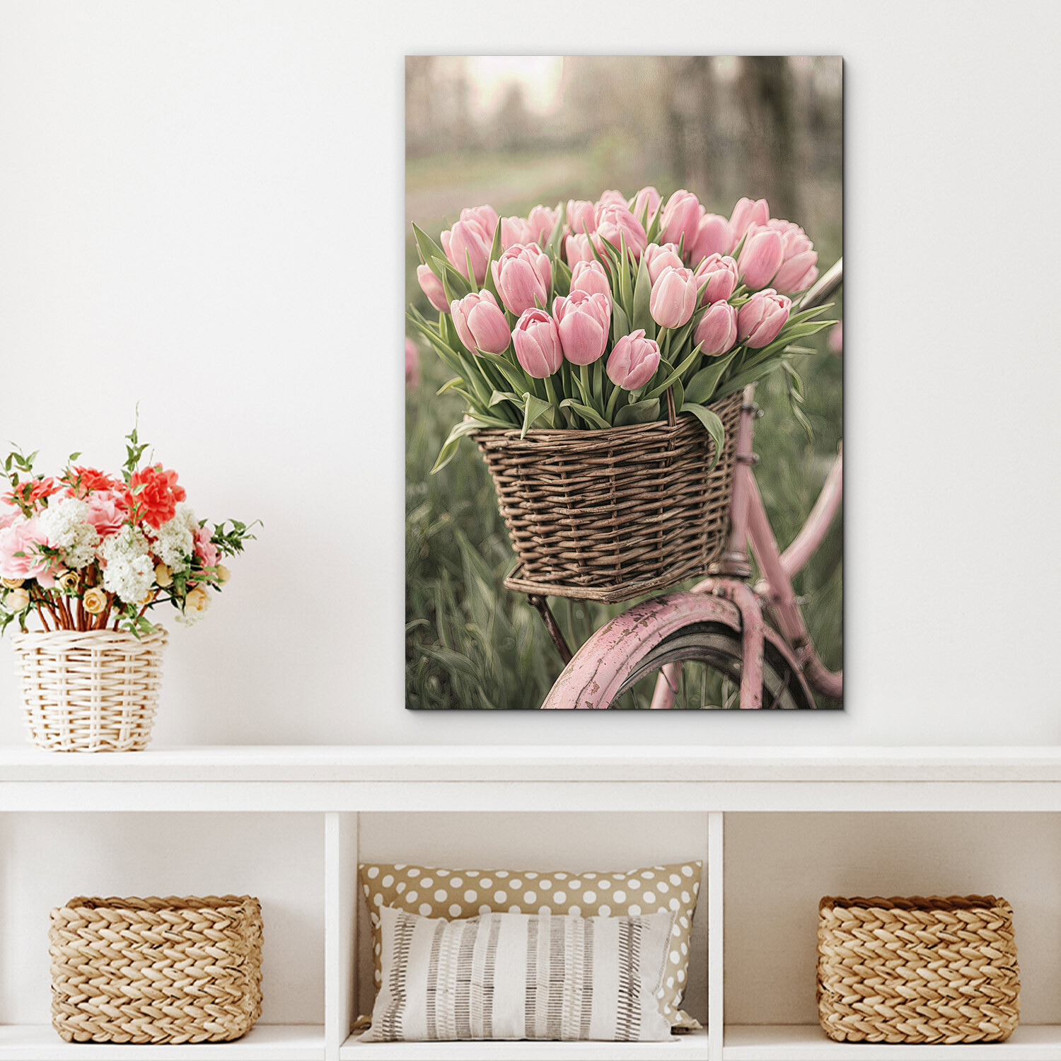 Tablou din lemn pentru perete - Lalele pe bicicletă