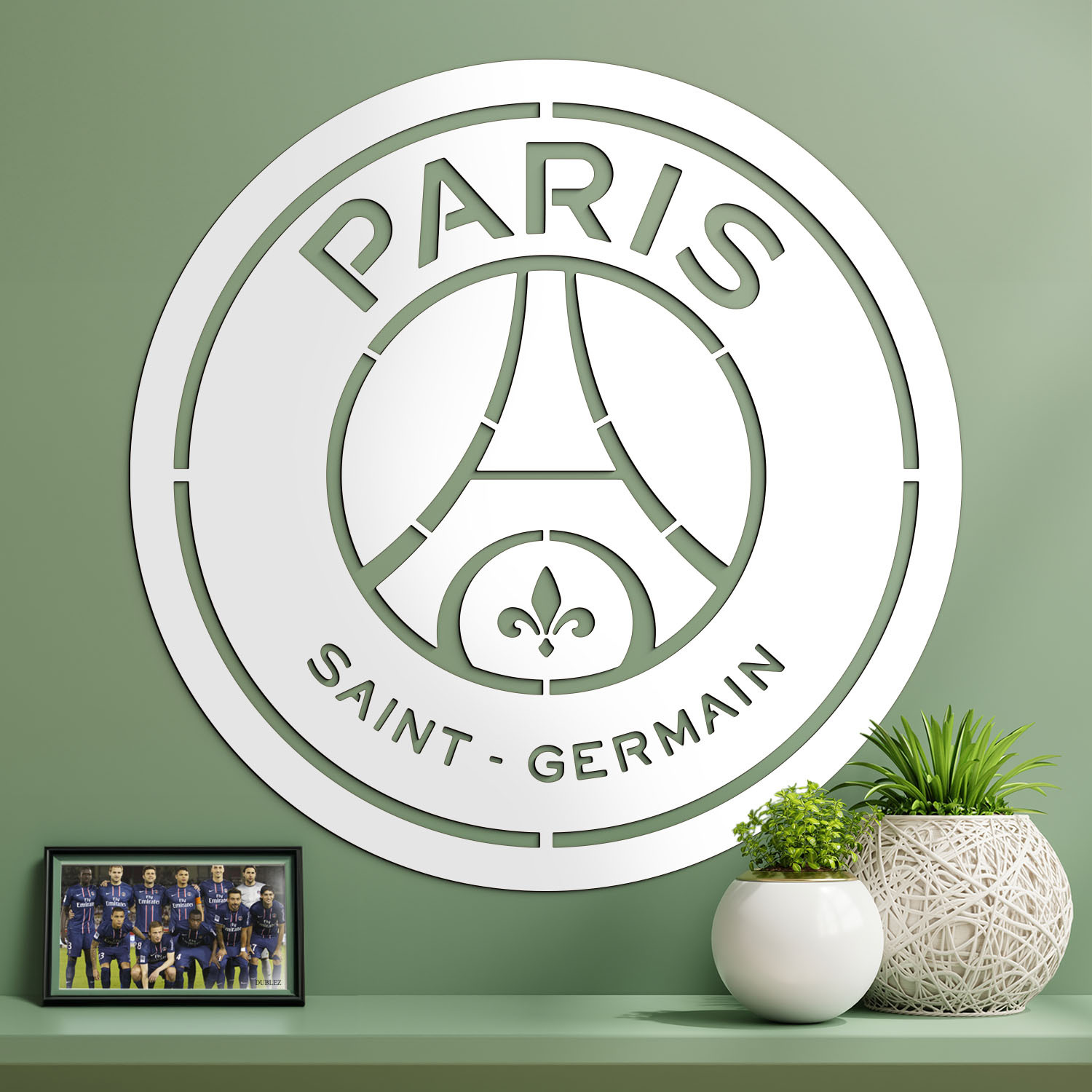 Drevené futbalové logo na stenu - PSG, Biela | DUBLEZ