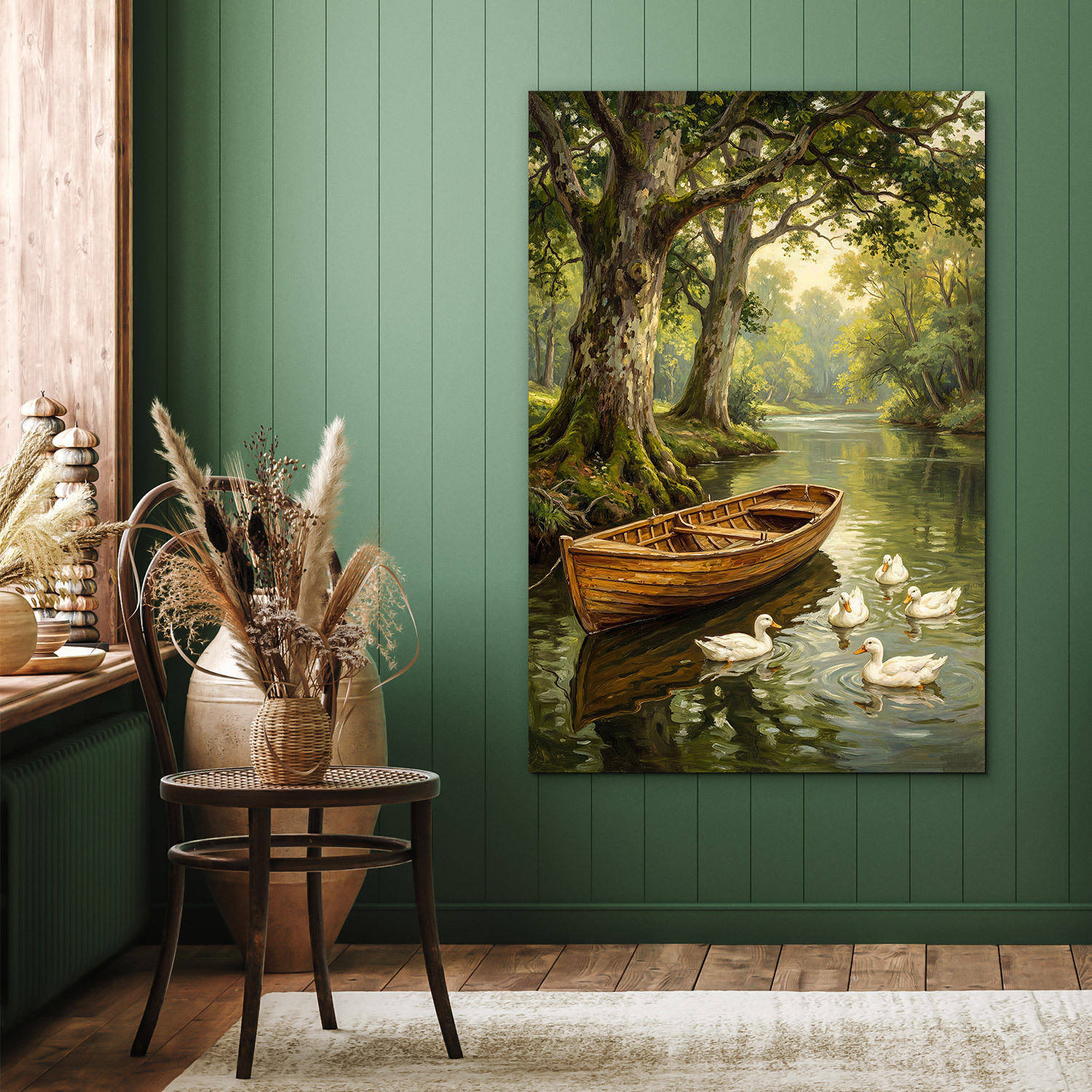 Maľovaný obraz do obývačky - Čln s kačkami