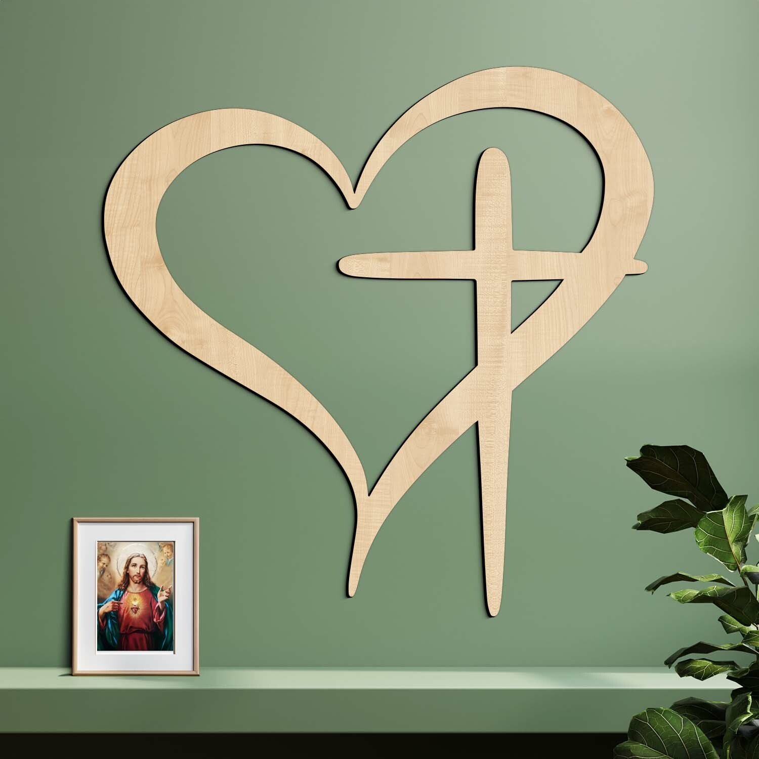 Dřevěný obraz na zeď - Srdce a kříž
