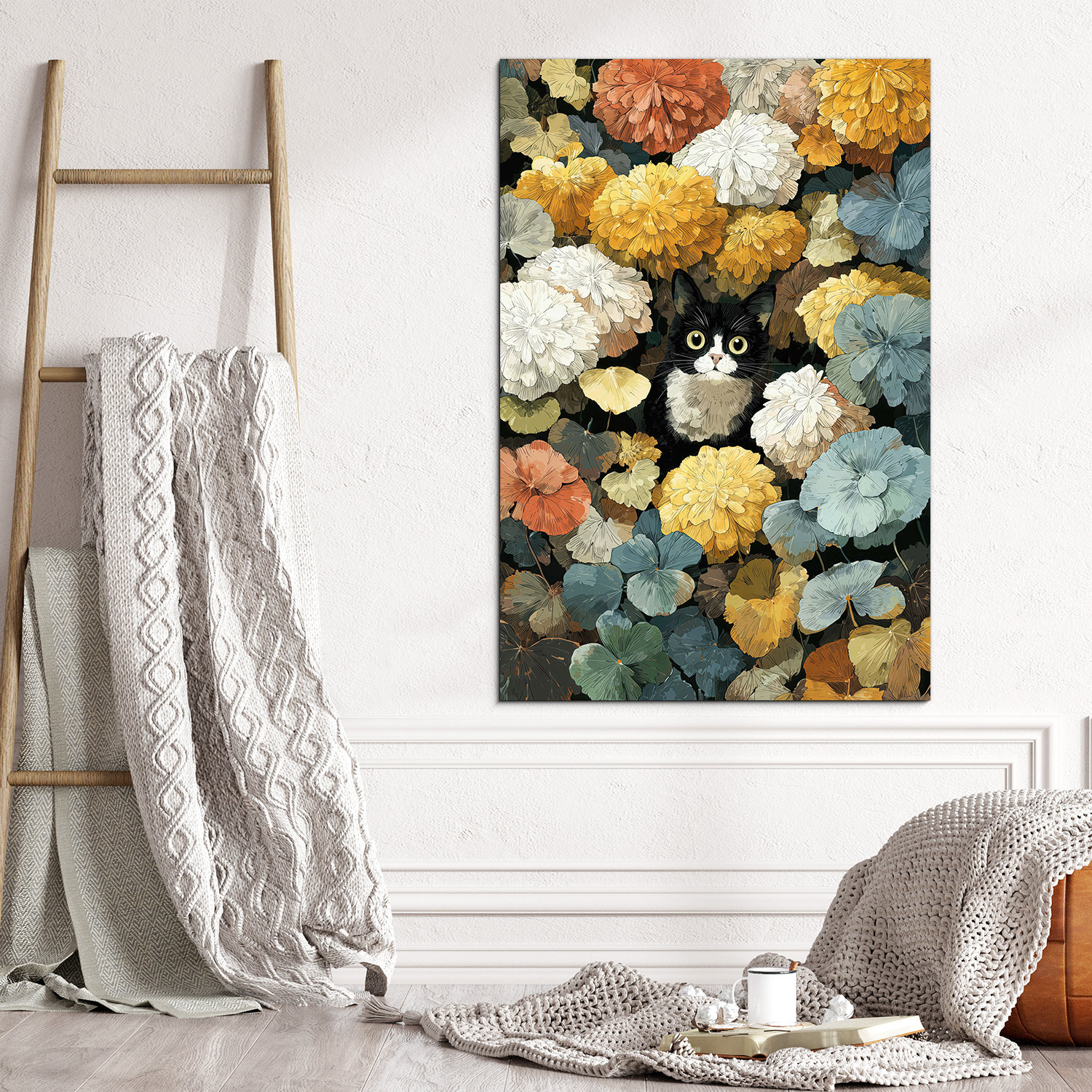 Pestrofarebný obraz - Mačka v kvetoch