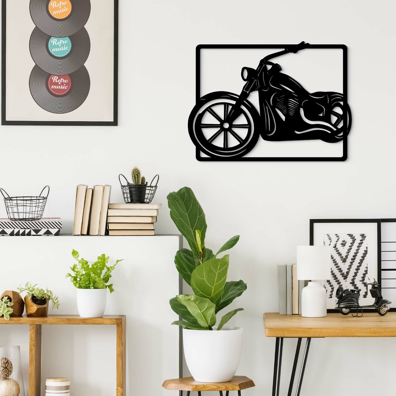 Drevený obraz na stenu - Motorka Chopper, Čierna | DUBLEZ