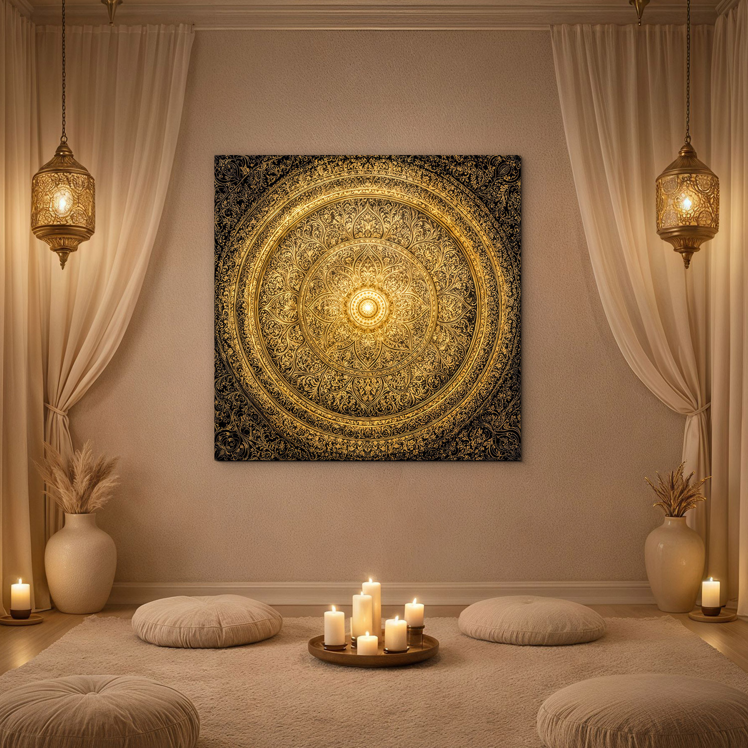 Drevený obraz zlatej mandaly - Dharma