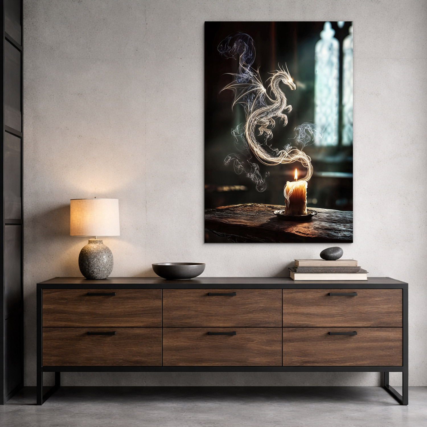 Drevený fantasy obraz - Mystický drak z dymu