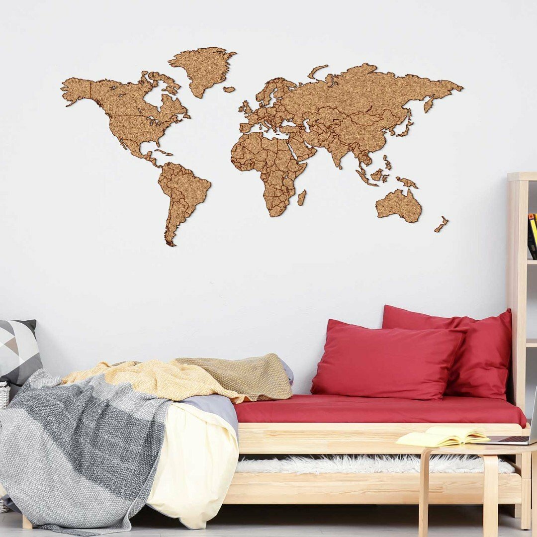 Korková mapa sveta na stenu s hranicami