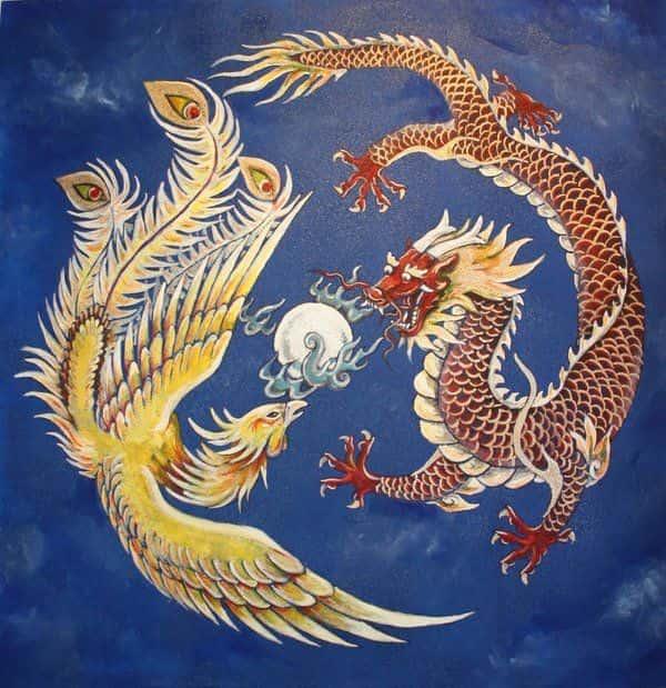 Čínsky strom života v podobe broskyne, ktorú stráži drak a fénix - Ilustrácia
