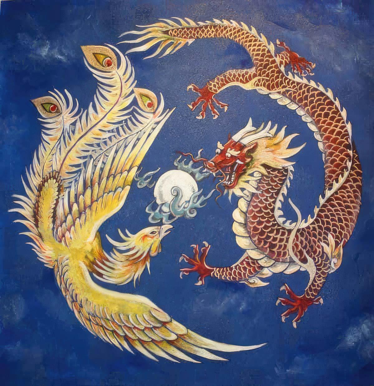 Copacul vieții chinezesc sub formă de piersic păzit de un dragon și un Phoenix - Ilustrație