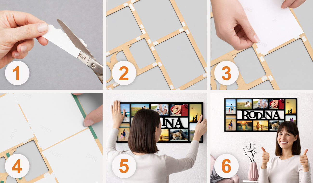 Návod na nalepenie fotografií pomocou lepiacich štvorčekov