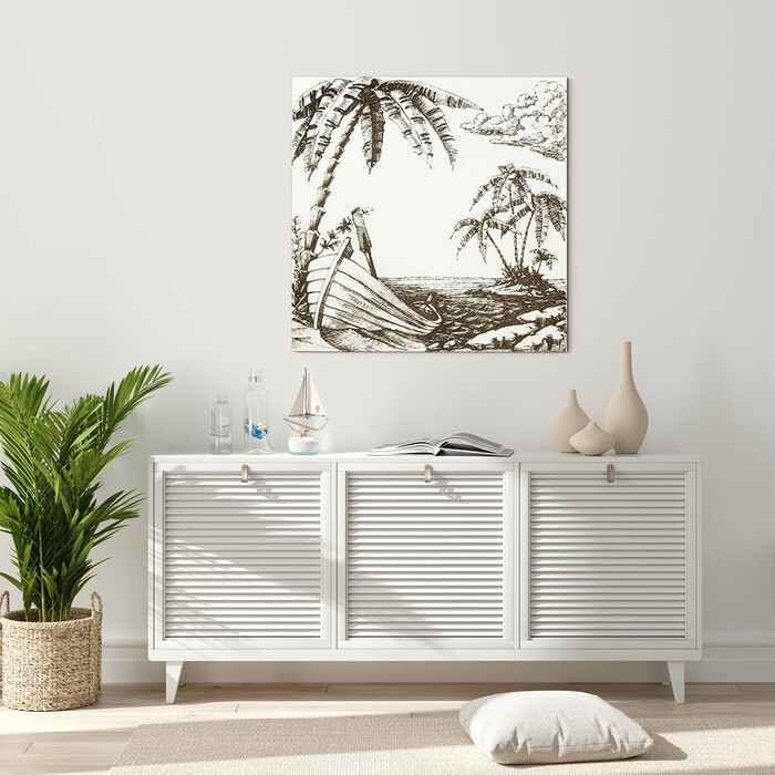 Dřevěný gravírovaný obraz - Pláž s palmami | Bílá