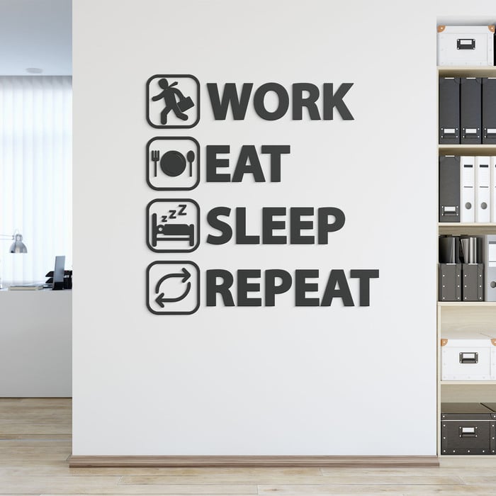 Dřevěná nálepka - Work Eat Sleep Repeat | Antracitově-šedá