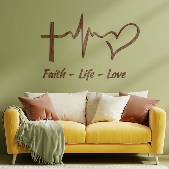 Drevená kresťanská nálepka - Faith, Life, Love | Orech