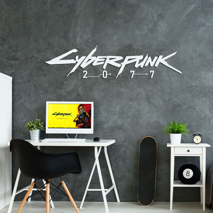 Tablou din lemn pentru perete - Cyberpunk 2077 | Alb