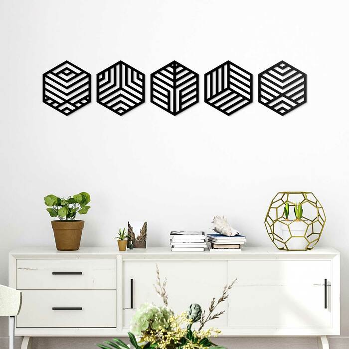 Decorațiune pentru perete - Hexagon (5 buc) | Negru