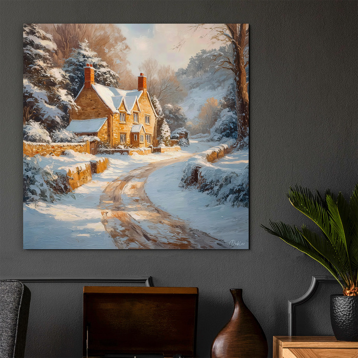 Wooden picture of winter - Snow-covered cottage