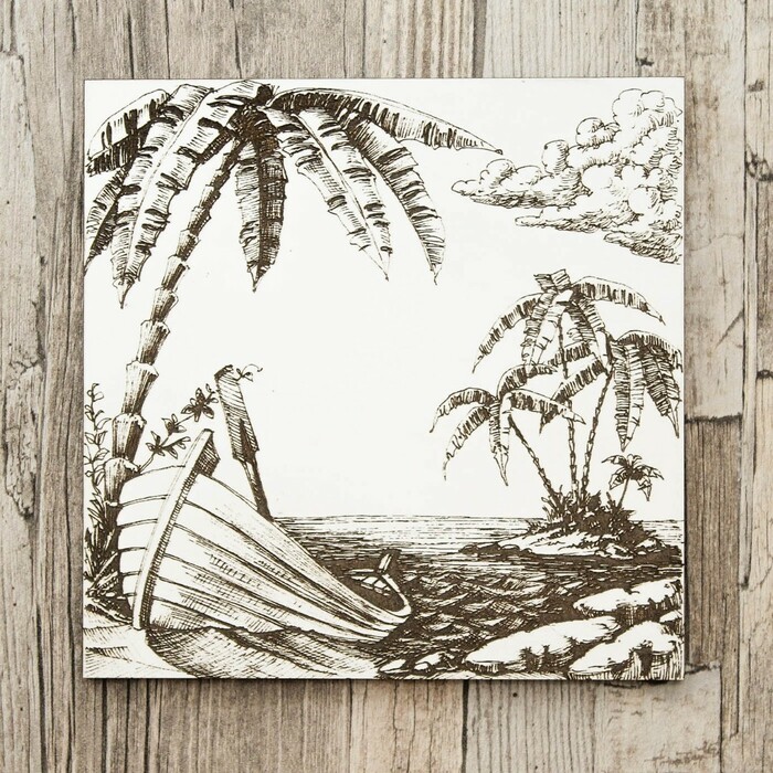 3d drevený gravírovaný obraz na stenu - Pláž s palmami | Biela