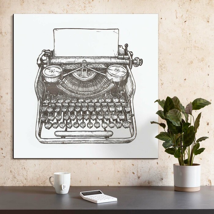 Tablou din lemn pentru birou - Mașină de scris retro | Alb