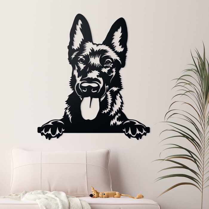 Tablou din lemn câine - Ciobănesc german | Negru