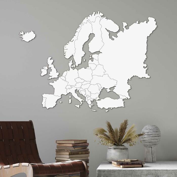 Dřevěná mapa Evropy na zeď - s hranicemi států | Bílá