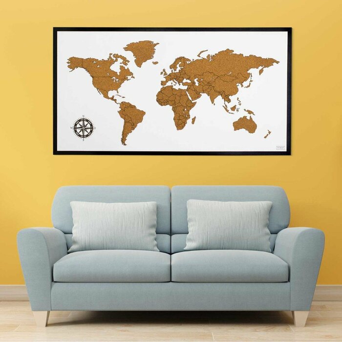 Korková, zapichovací mapa světa na zeď s rámem
