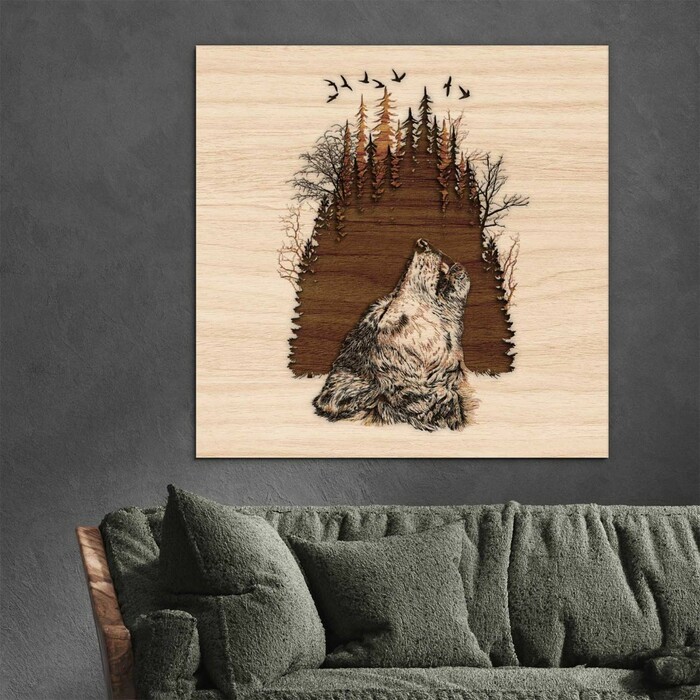 Dřevěný obraz na zeď - Vyjící vlk | Přírodní buková překližka