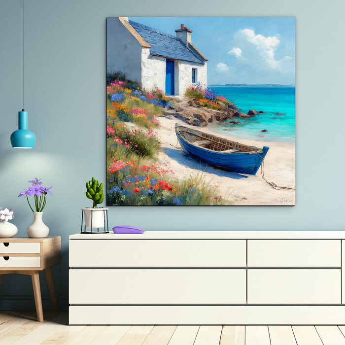 Blue painting on wood - Boat on the beach