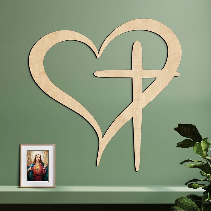 Dřevěný obraz na zeď - Srdce a kříž | Javor